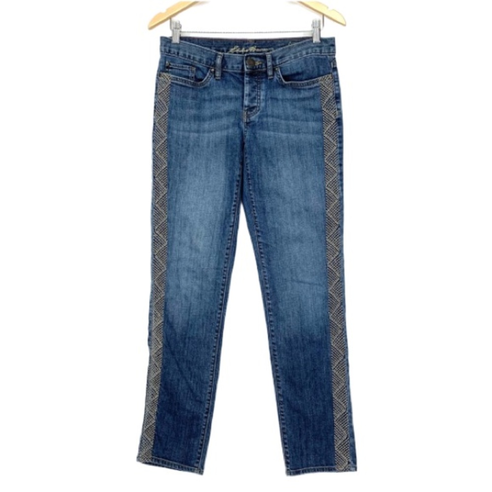Eddie Bauer Blue Relaxed Boyfriend Jeans W/ Embroidered Stitch Stripe Leg Size 2